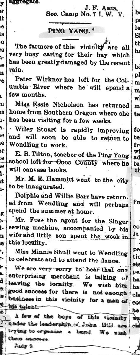 July 17, 1902 Eugene news article - Ping Yang Band
      Forming
